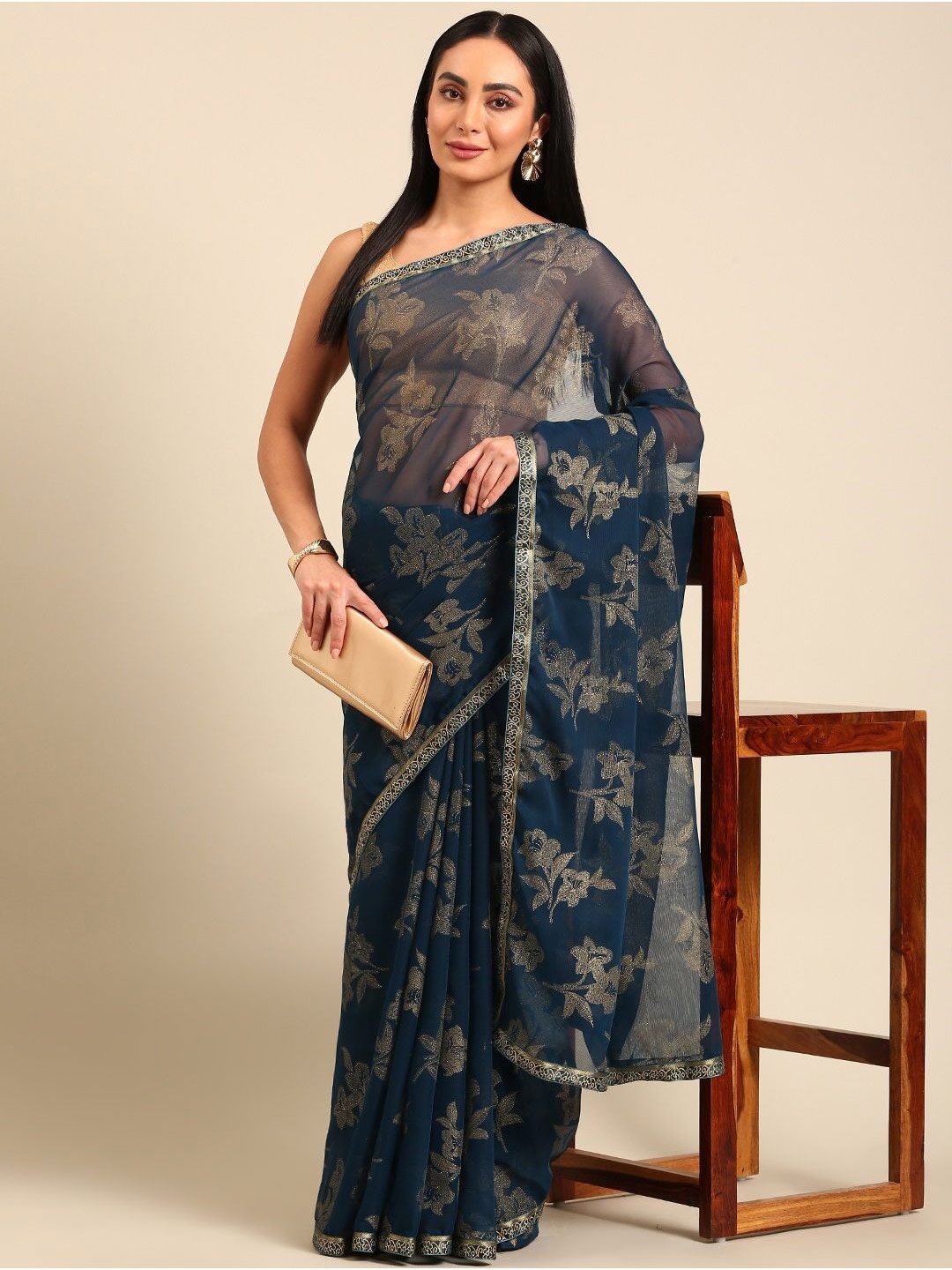 

all about you Embellished Zari Floral Saree, Blue