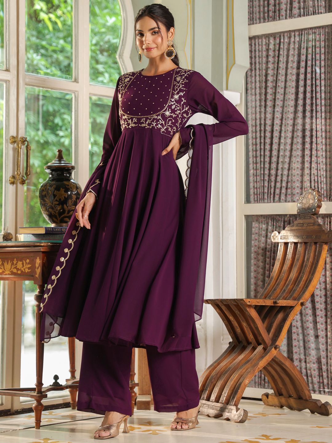 

Janasya Floral Embroidered Georgette Anarkali Kurta with Palazzo & Dupatta, Purple