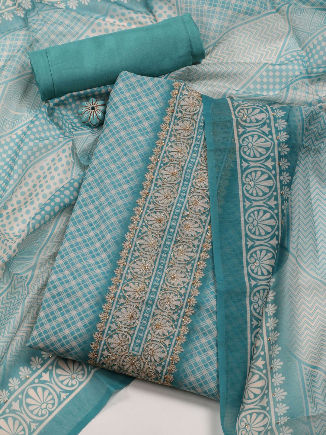 

Meena Bazaar Printed Art Silk Unstitched Dress Material, Blue