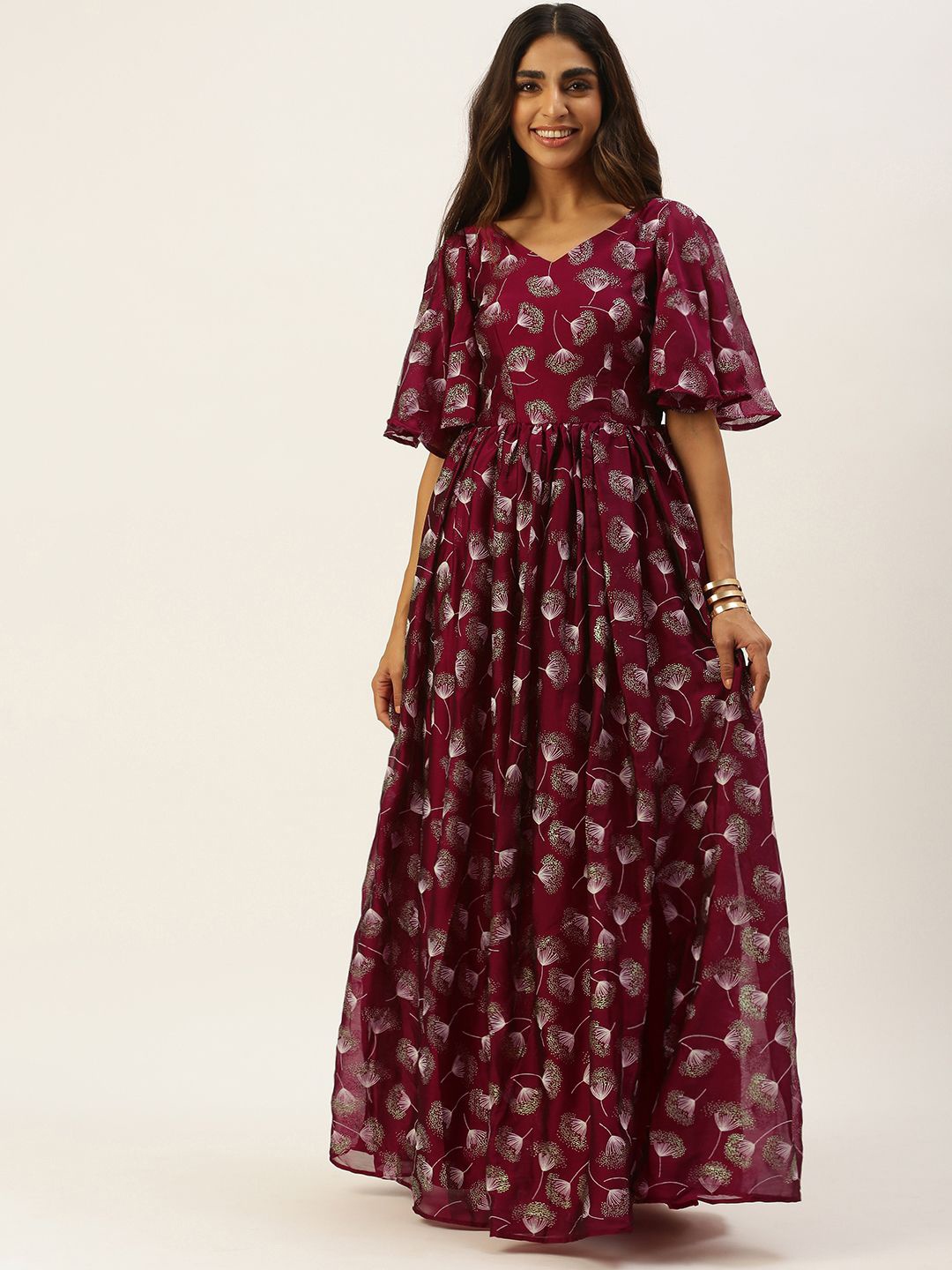 

Ethnovog Floral Printed Flared Sleeve Satin Maxi Dress, Maroon