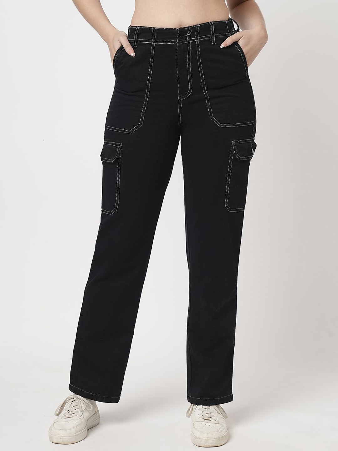 

Kraus Jeans Women Relaxed Straight Leg Loose Fit High-Rise Cargos Trousers, Black