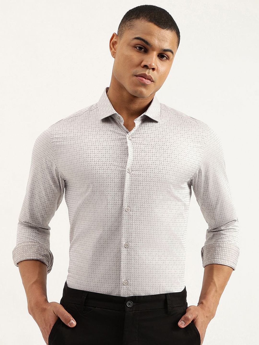 

United Colors of Benetton Men Spread Collar Micro Ditsy Printed Slim Fit Formal Shirt, Grey