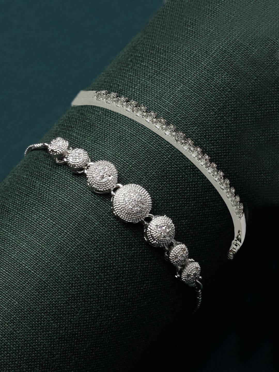 

ZENEME Set Of 2 Rhodium Plated American Diamond Studded Wraparound & Kada Bracelet, Silver