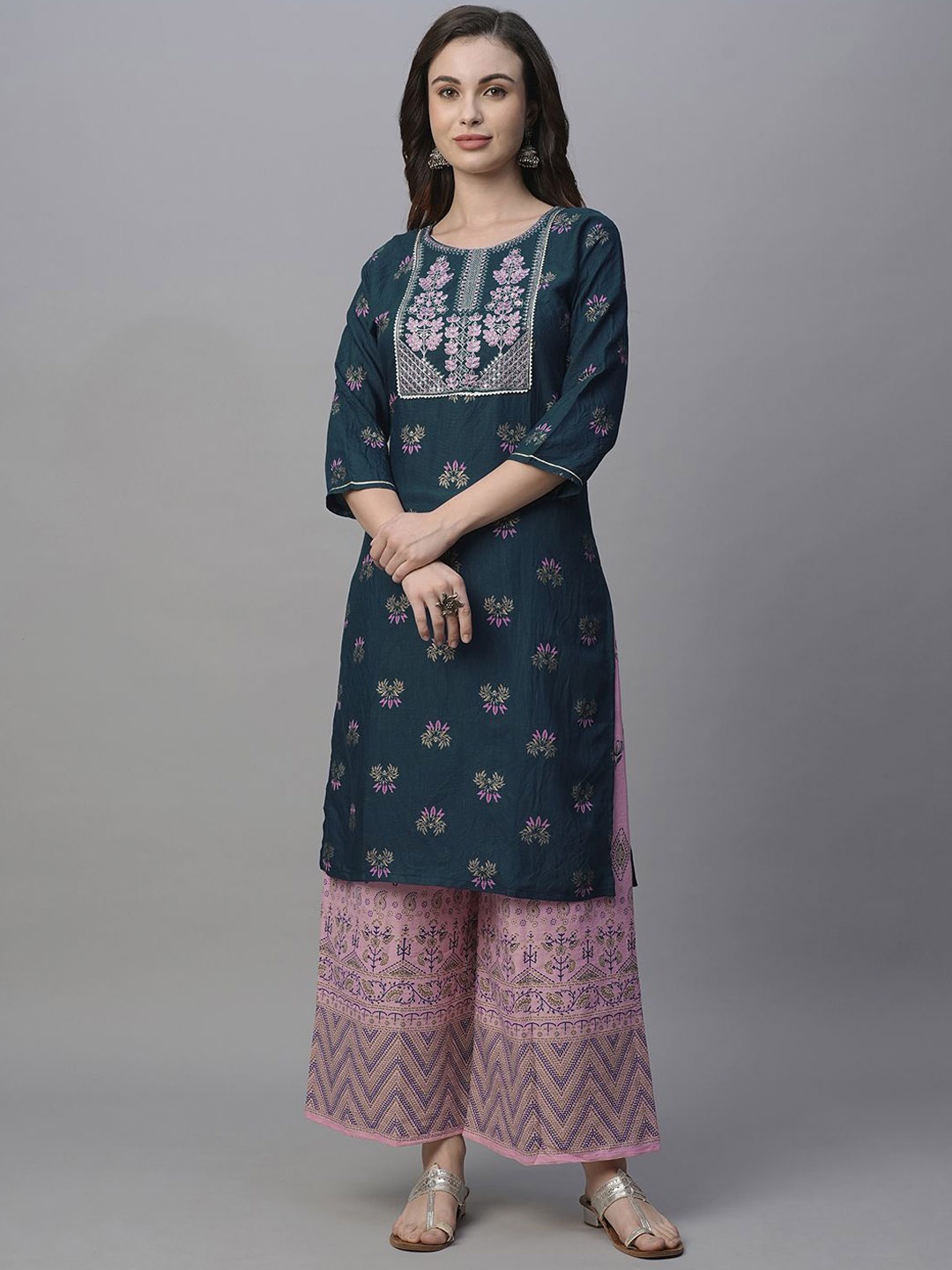 

KALINI Women Ethnic Motifs Printed Regular Pure Cotton Kurta with Palazzos, Blue