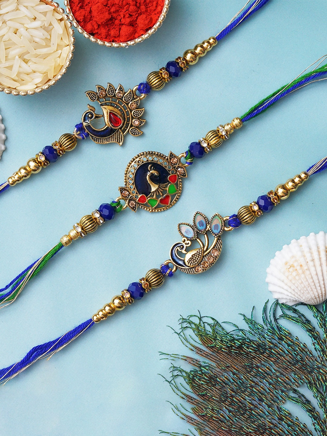 

eCraftIndia Set of 3 Peacock Designer Rakhis with Roli & Chawal, Blue