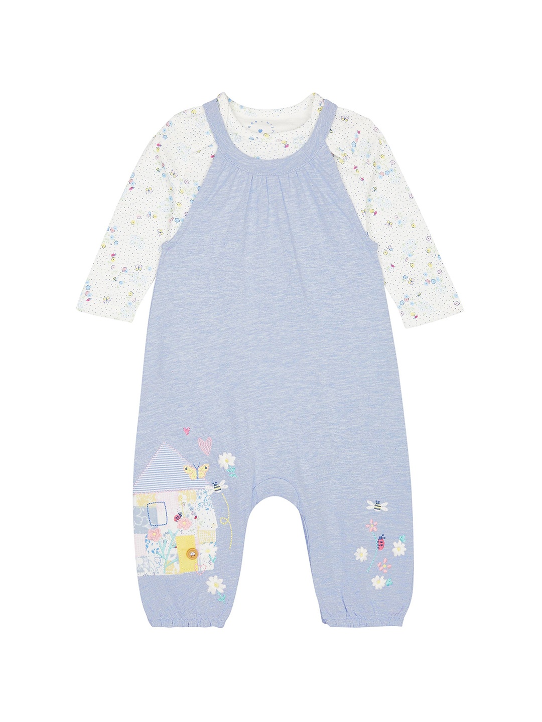 

mothercare Infant Girls Embroidered Cotton Dungaree, Blue