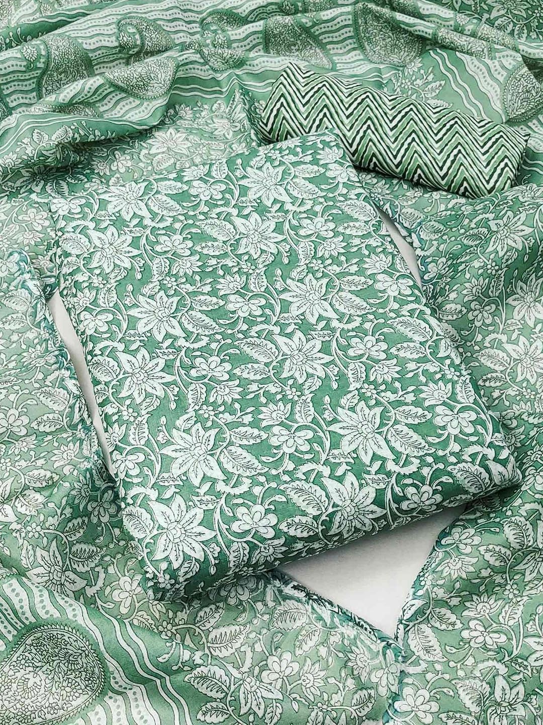 

Peachmode Printed Pure Cotton Unstitched Dress Material, Green