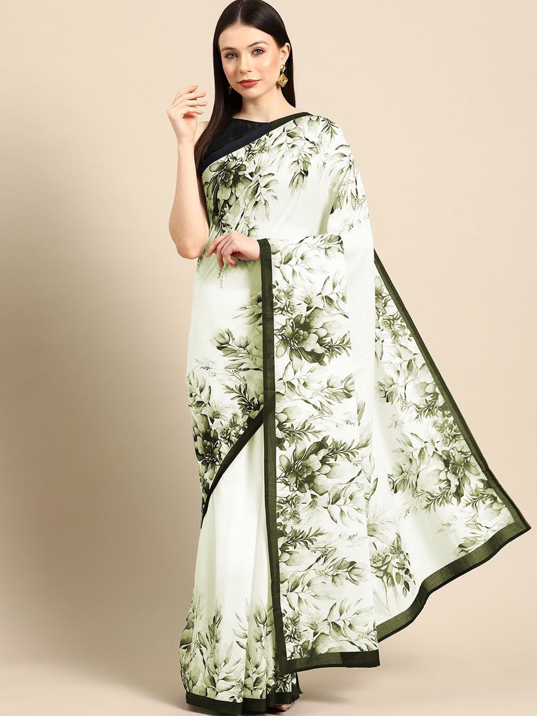 

BUTA BUTI Floral Pure Cotton Saree, Olive