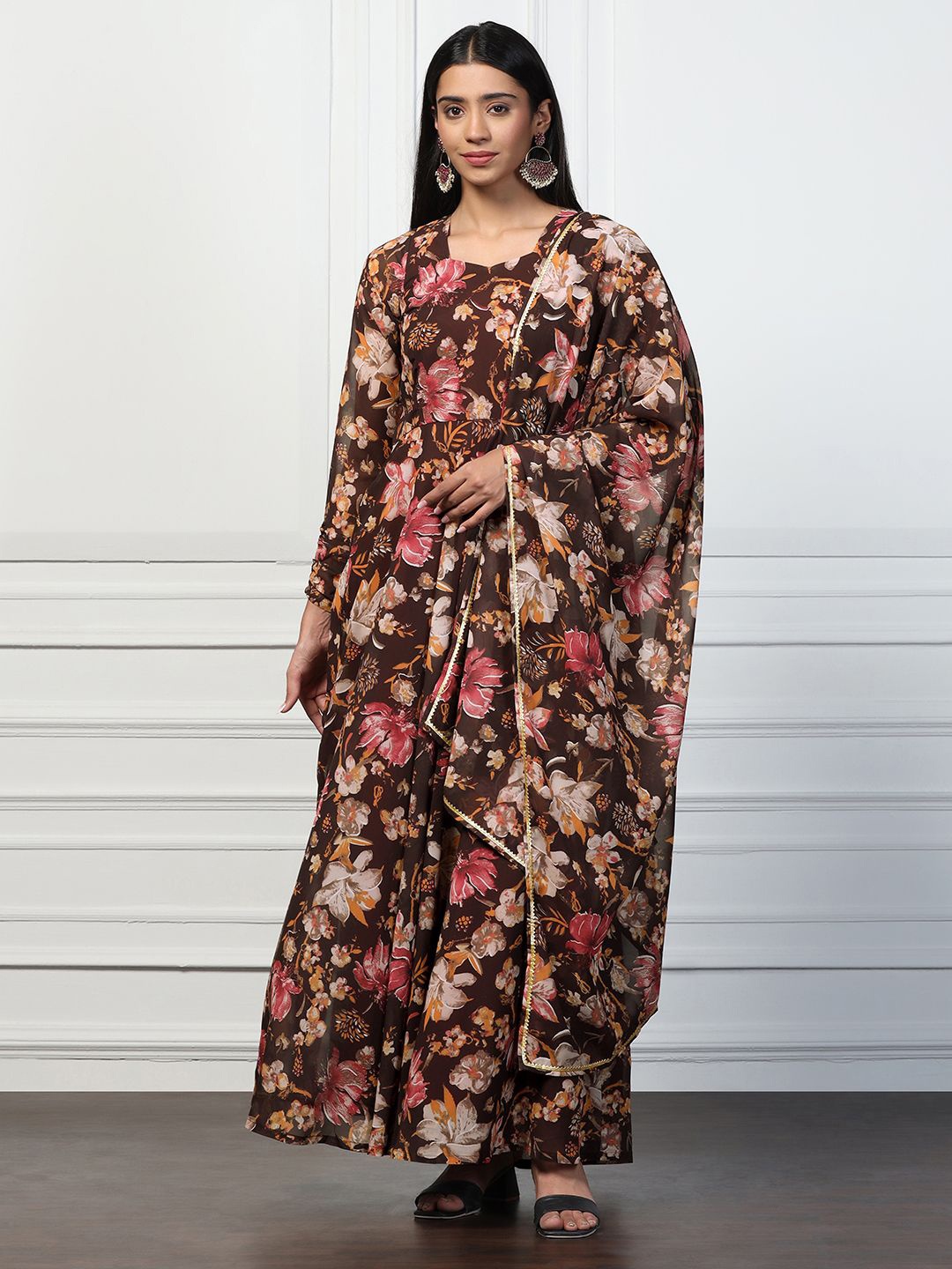 

FASHION DREAM Floral Print Georgette Maxi Dress, Brown