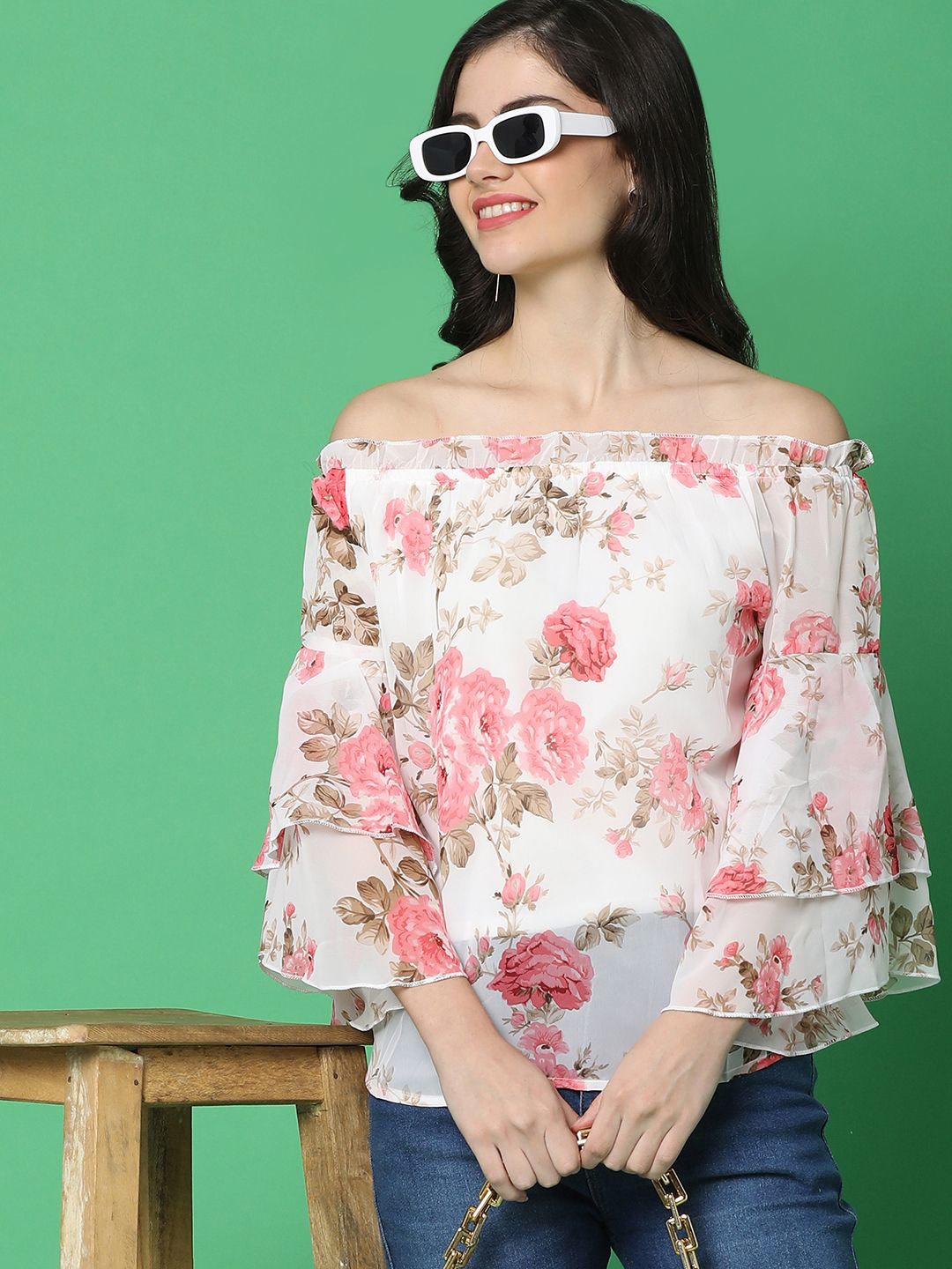 

UNLIMITED Women Floral Printed Off-Shoulder Cotton Top, Off white