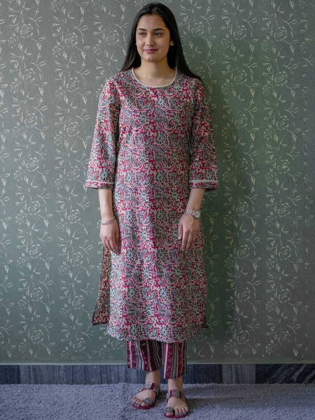 

JAIPURI BUNAAI Women Ethnic Motifs Printed Regular Pure Cotton Kurta with Palazzos, Brown