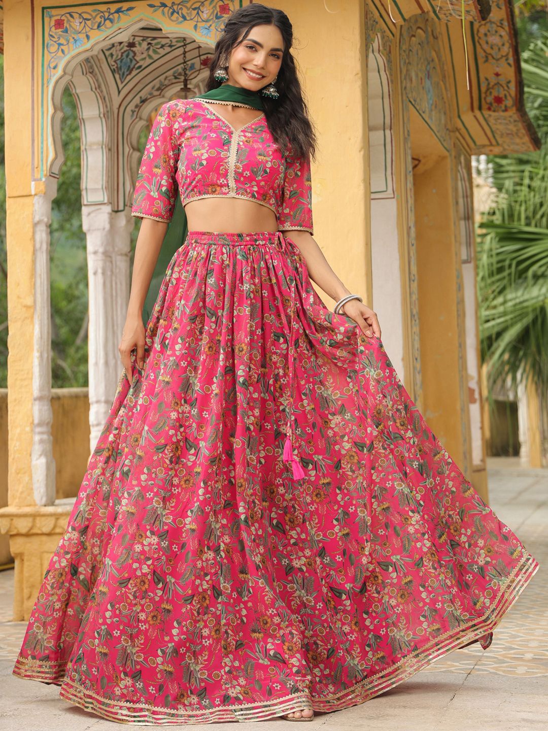 

Janasya Printed Beads and Stones Ready to Wear Lehenga & Blouse With Dupatta, Pink