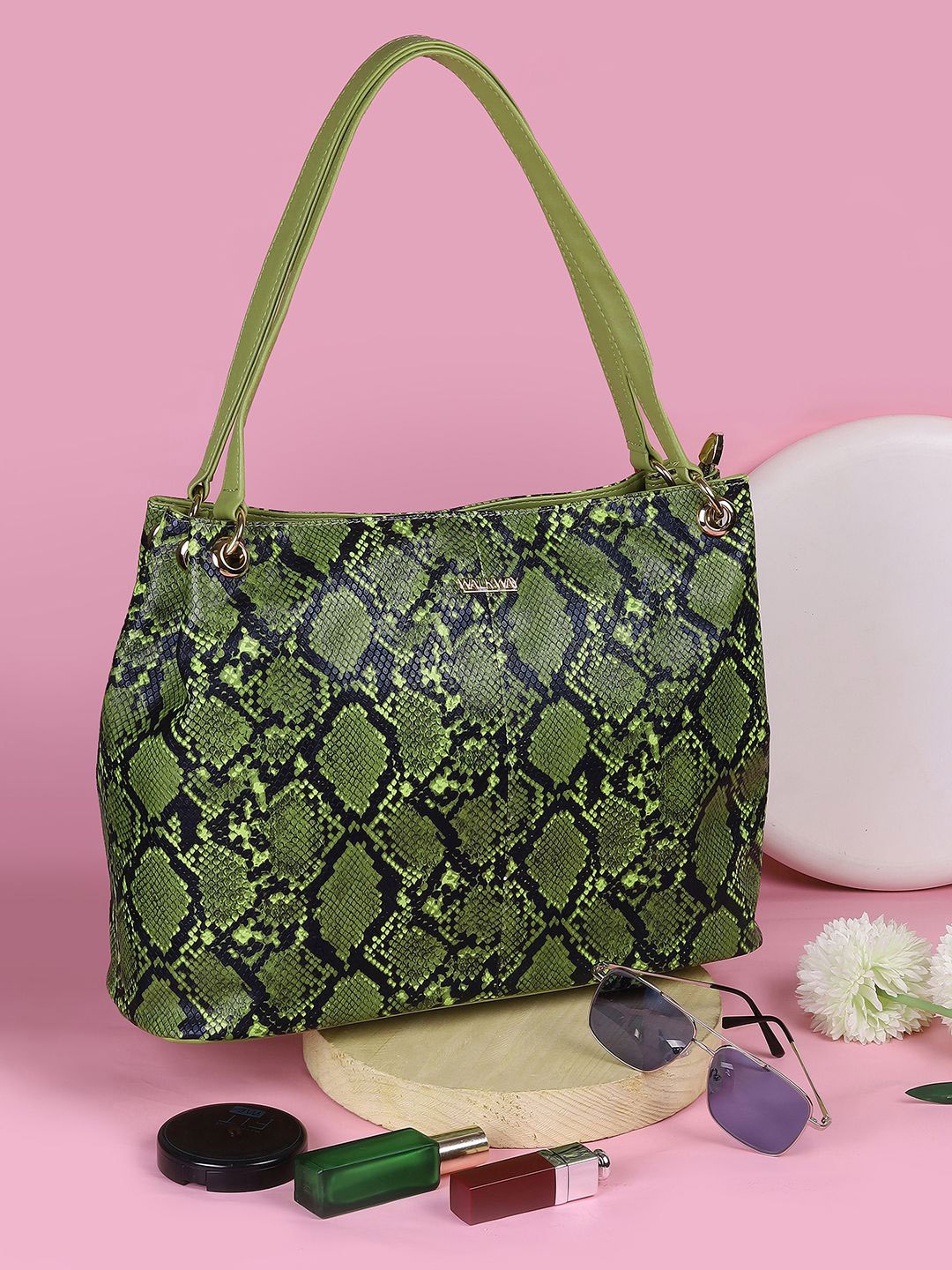 

WALKWAY by Metro Animal Textured Structured Shoulder Bag with Cut Work, Green
