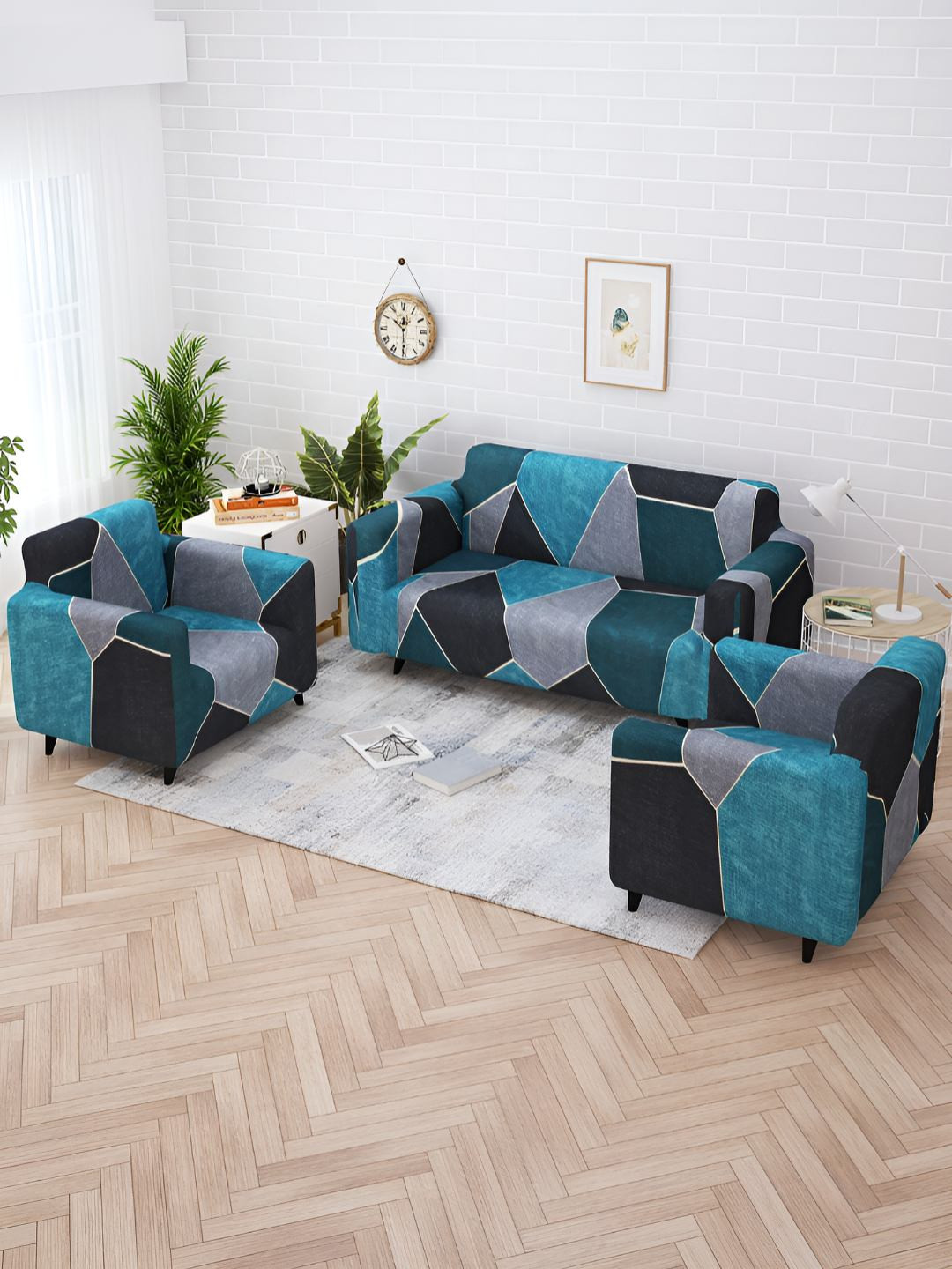 

Story@home Blue & Black Printed 5 Seater Stretchable Sofa Cover With Arms