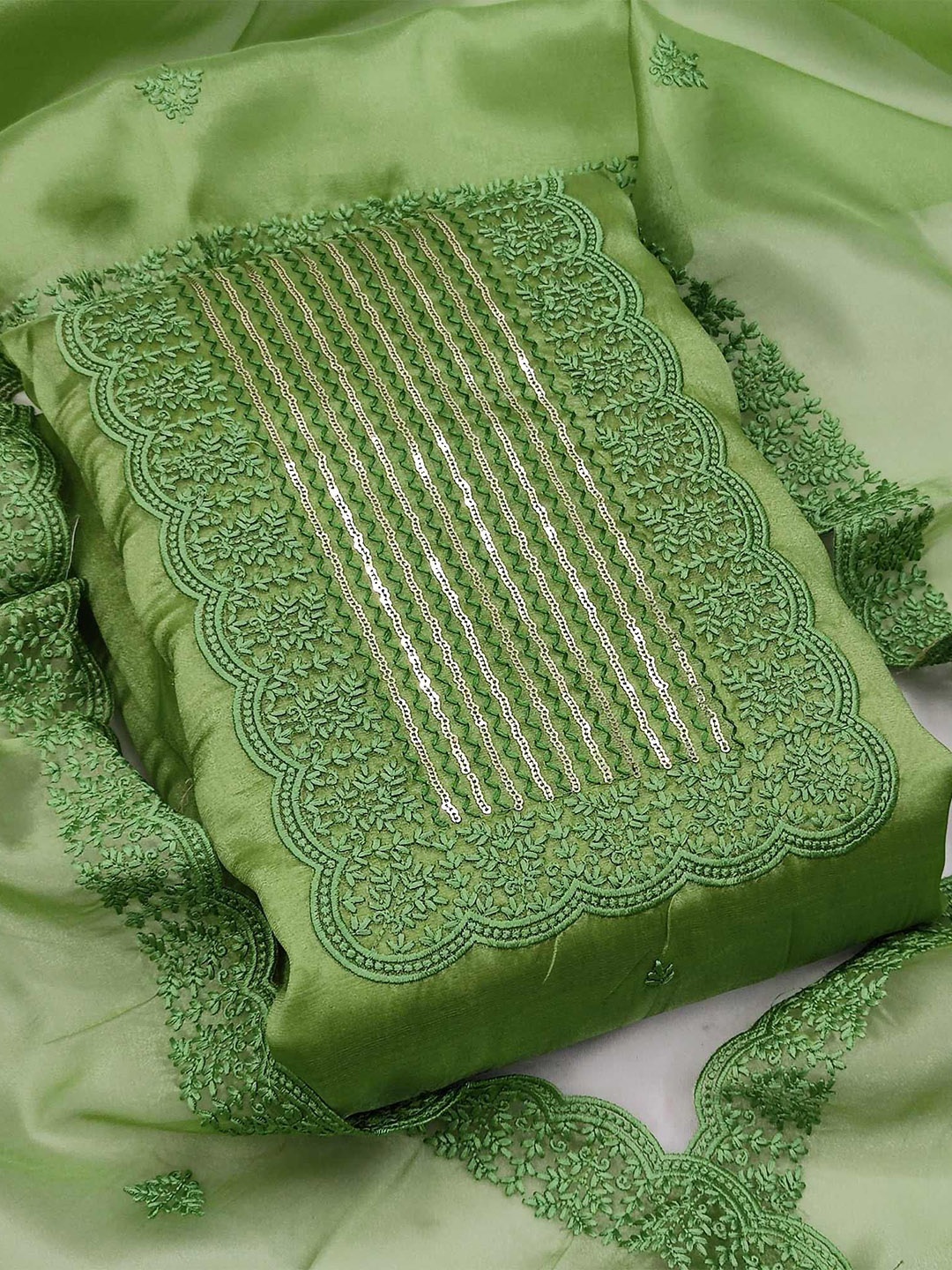 

Peachmode Embroidered Organza Unstitched Dress Material, Green