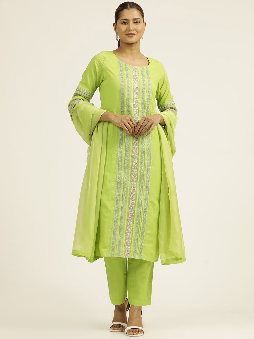 

Jaipur Kurti Embroidered Festive Suit Set, Lime green