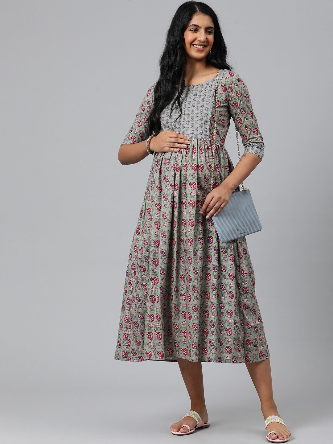 

Swishchick Ethnic Motifs Print Maternity A-Line Midi Dress, Grey