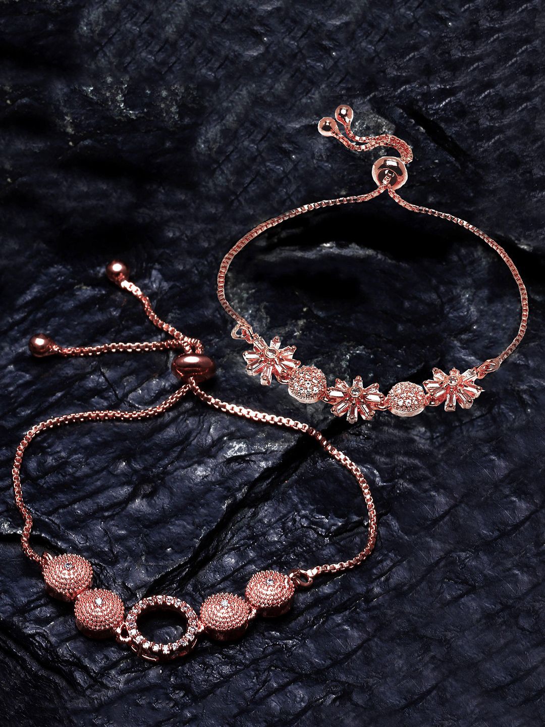

ZENEME Set Of 2 Rose Gold-Plated American Diamond Charm Bracelet