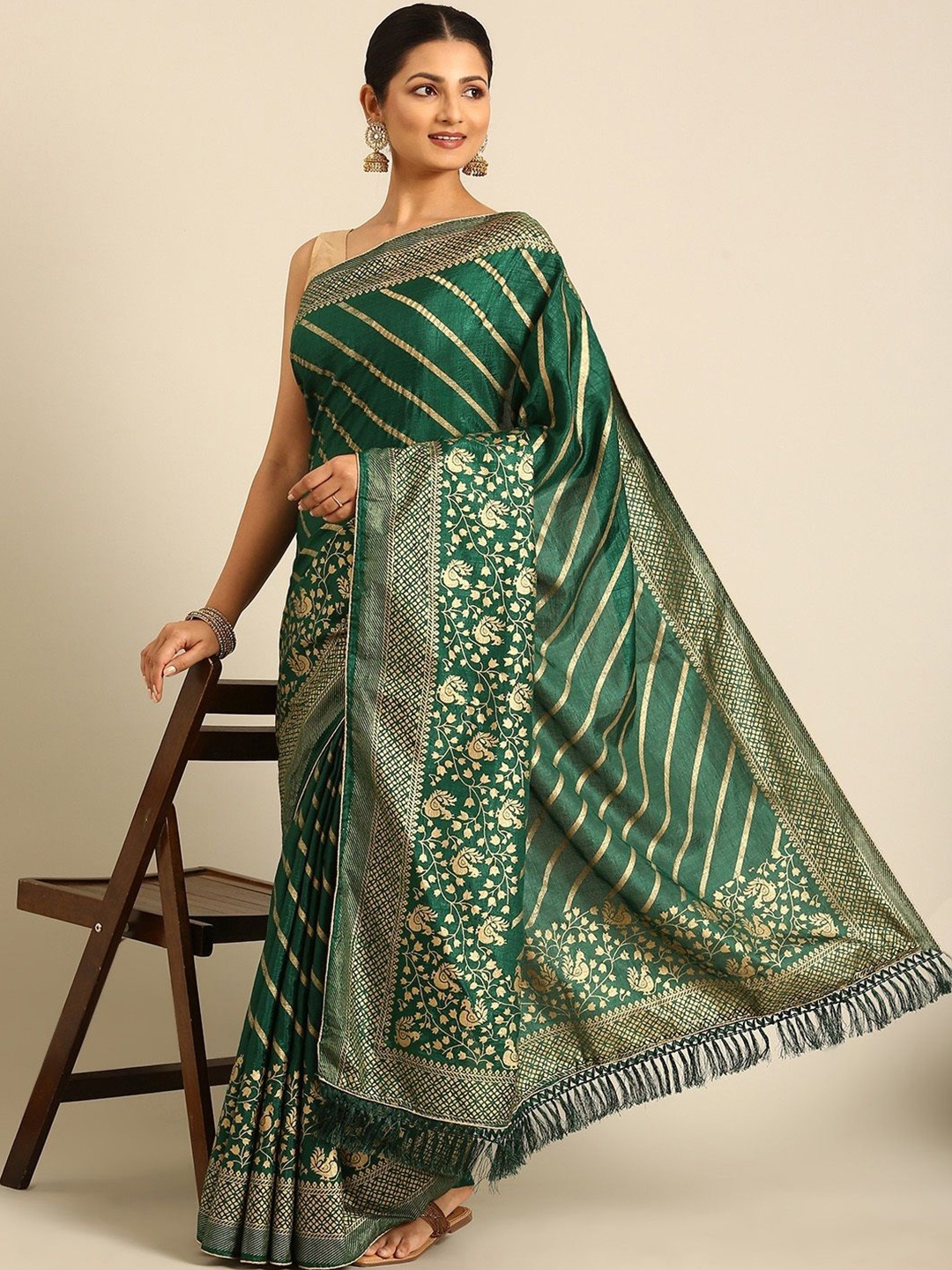 

all about you Striped Saree, Green