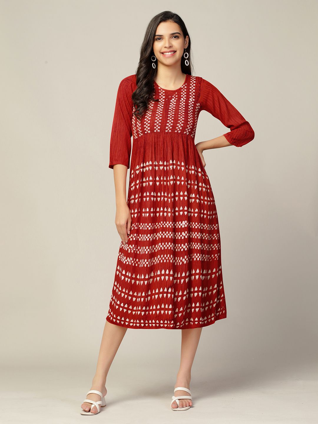 

OMPAX Ethnic Motifs Print A-Line Midi Dress, Red