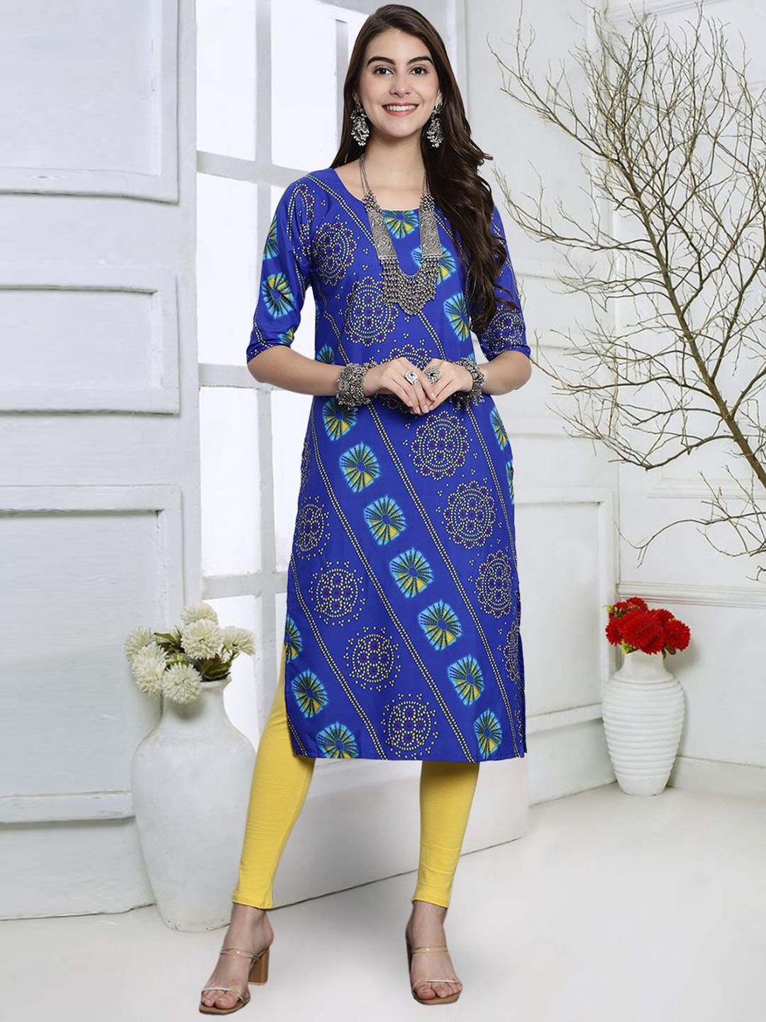 

KALINI Bandhani Printed Round Neck Crepe Straight Kurta, Blue