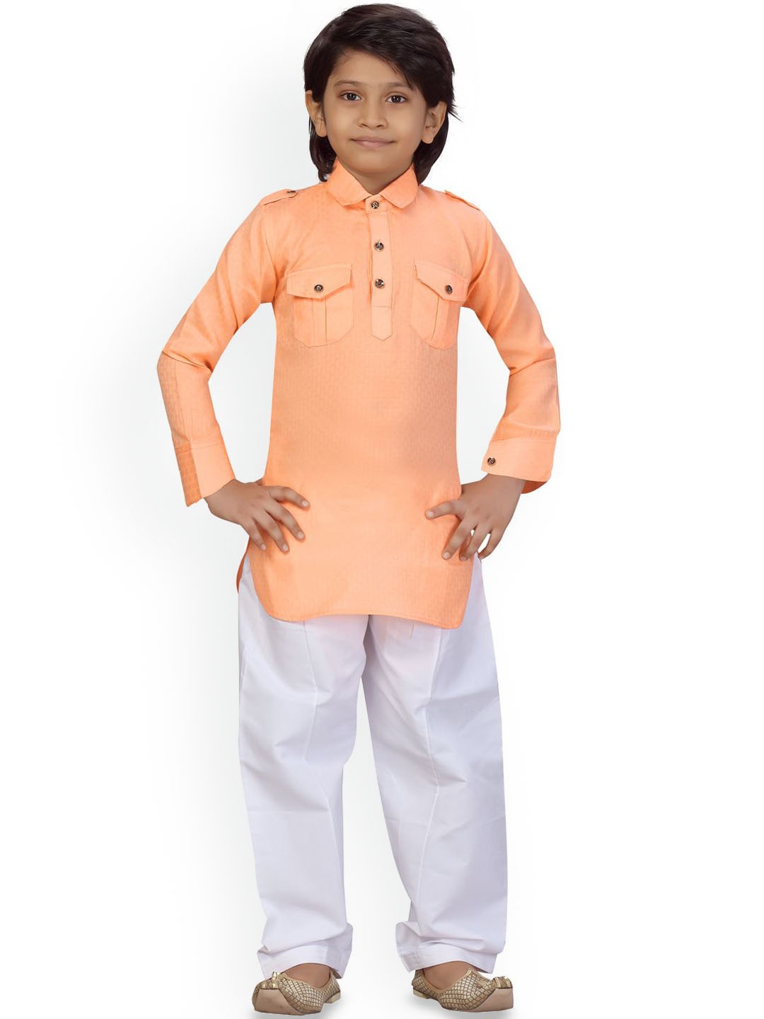 

BAESD Boys Self Design Textured Pocket Detailing Pure Cotton Pathani Kurta With Salwar, Orange