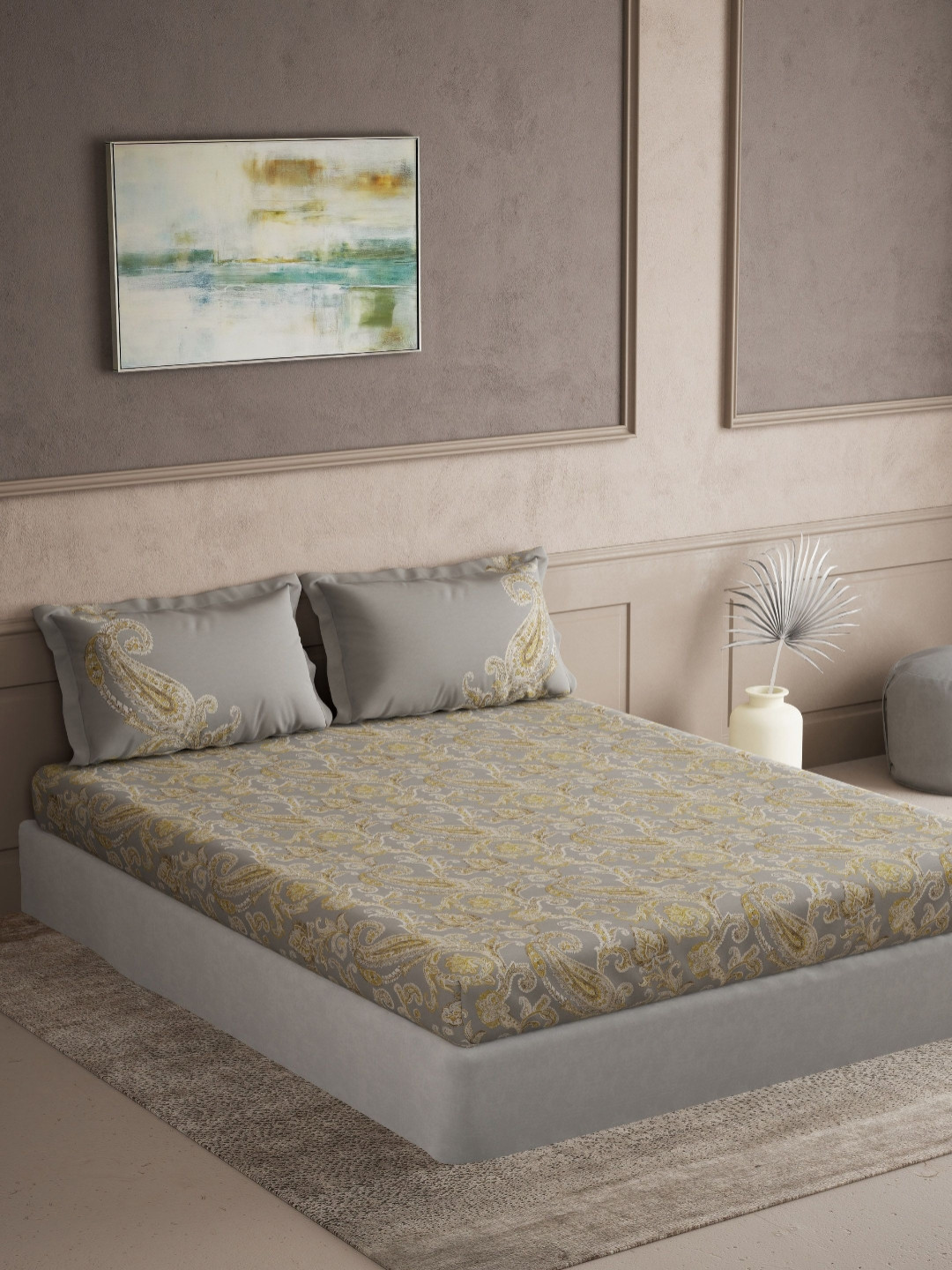 

DDecor Grey & Mustard Ethnic Motifs 144 TC Queen Bedsheet with 2 Pillow Covers