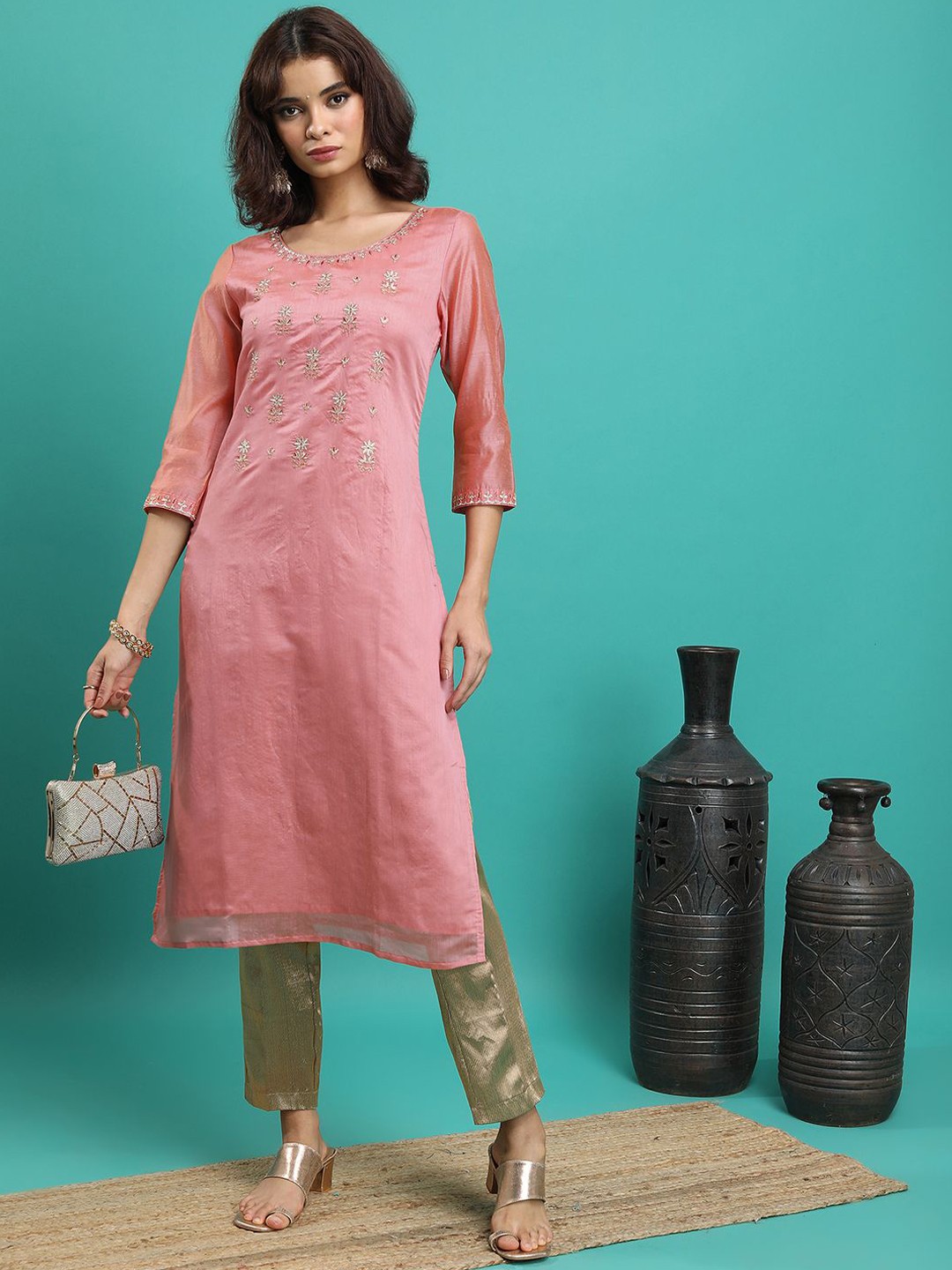 

Vishudh Women Embroidered Flared Sleeves Thread Work Kurta, Peach