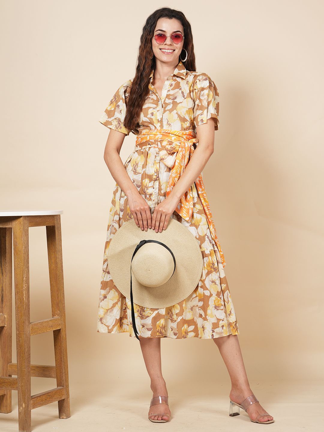 

LABEL KRISHA Puff Sleeve Tiered Midi Shirt Dress, Beige