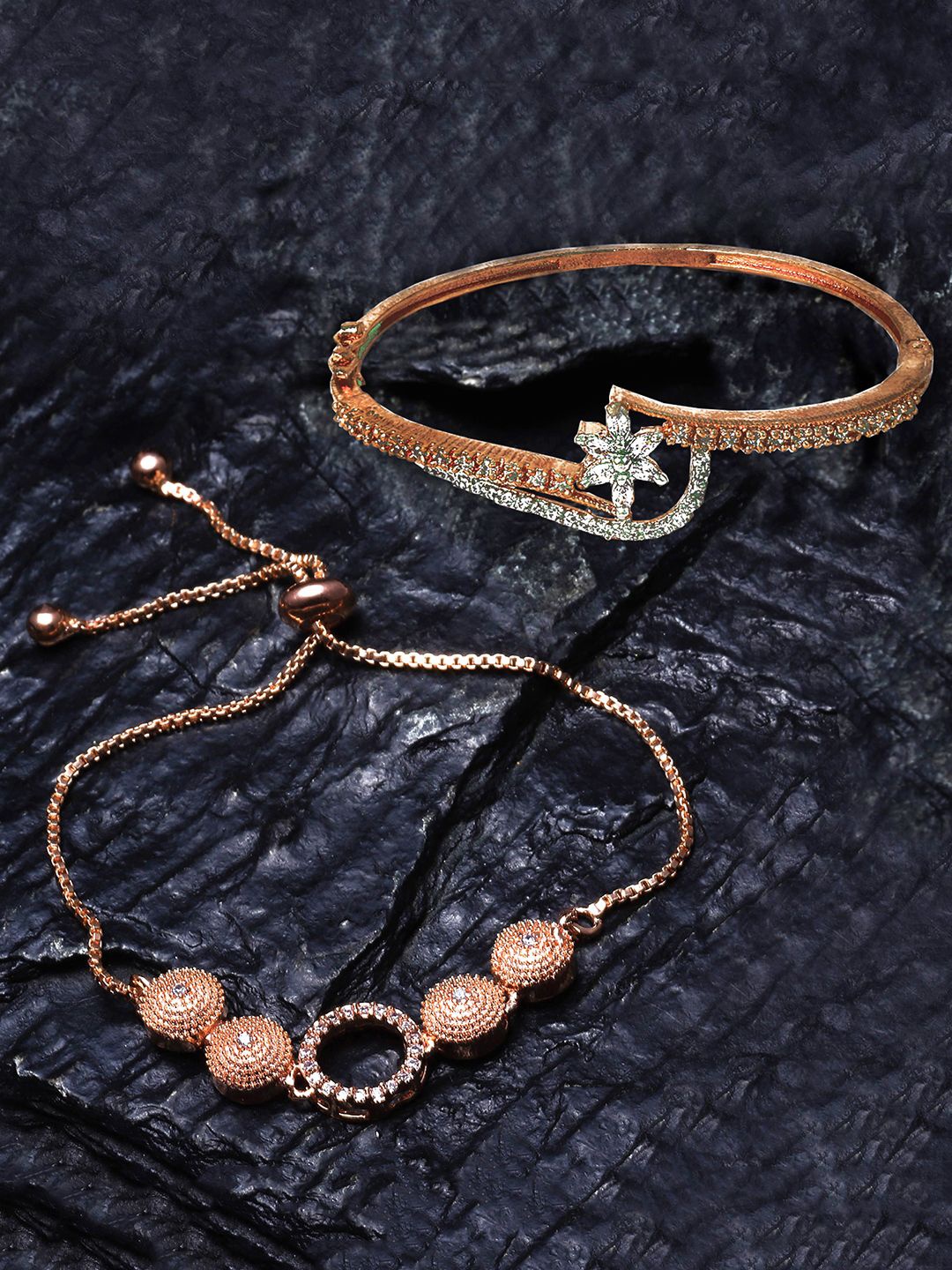 

ZENEME Set Of 2 Rose Gold-Plated American Diamond Wraparound Bracelet