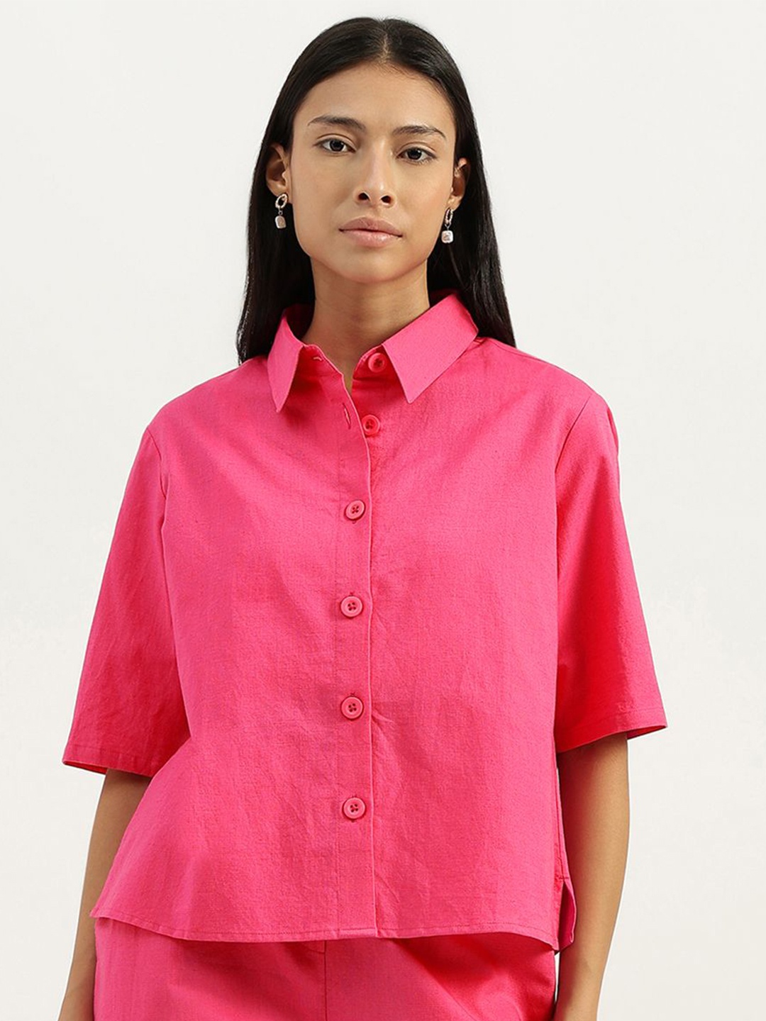 

United Colors of Benetton Women Spread Collar Solid Cotton Linen Casual Shirt, Pink