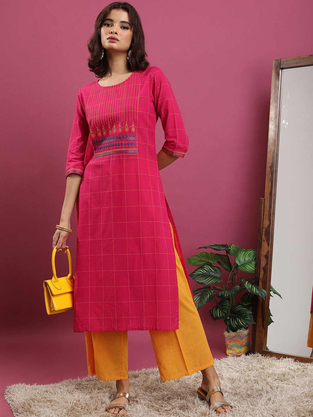 

Vishudh Women Ethnic Motifs Yoke Design Regular Thread Work Pure Cotton Kurta with Palazzos, Pink