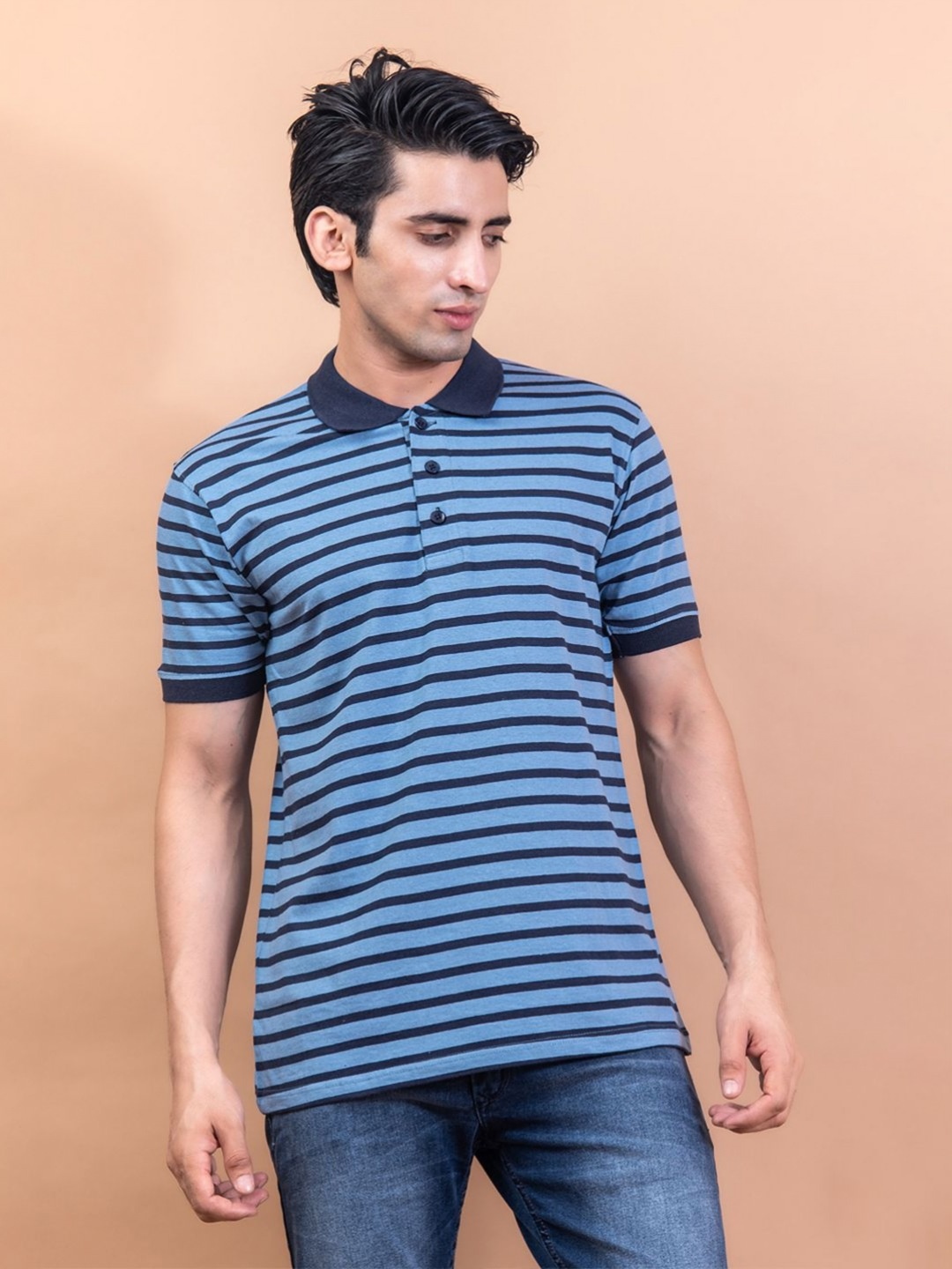 

Tistabene Men Striped Polo Collar Pockets T-shirt, Blue
