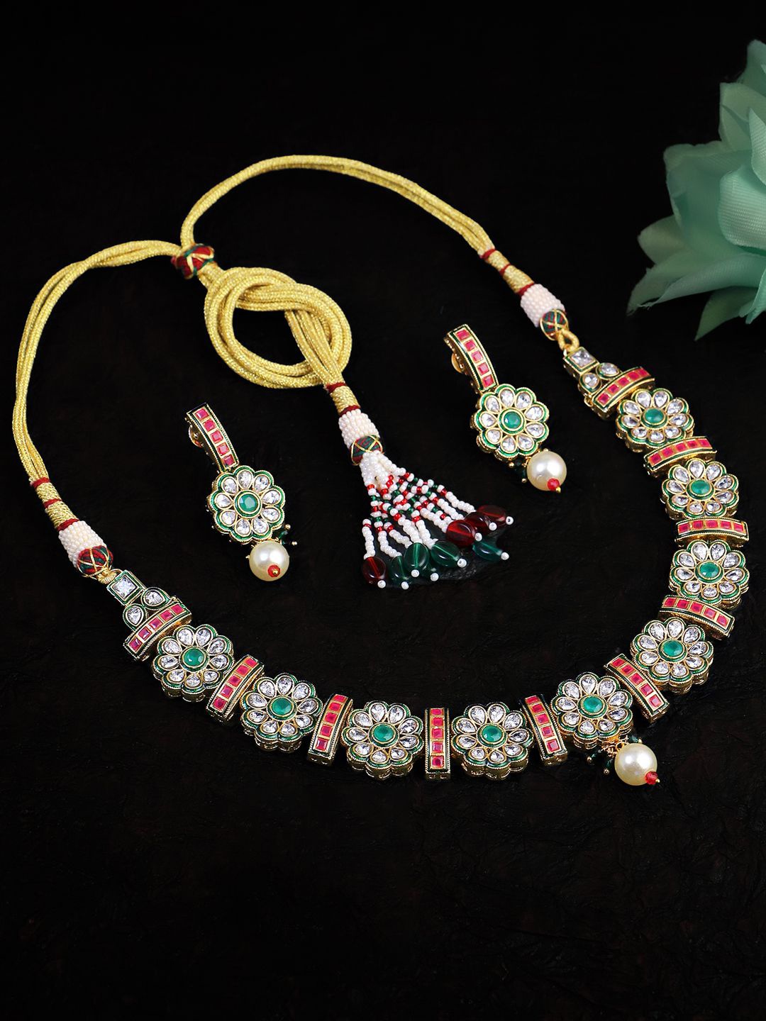 

Adwitiya Collection Gold-Plated Stone-Studded & Pearl Beaded Jewellery Set