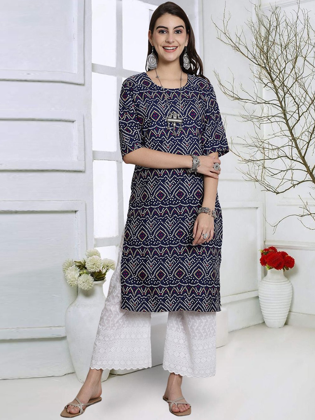 

7Threads Bandhani Printed Round Neck Straight Kurta, Navy blue