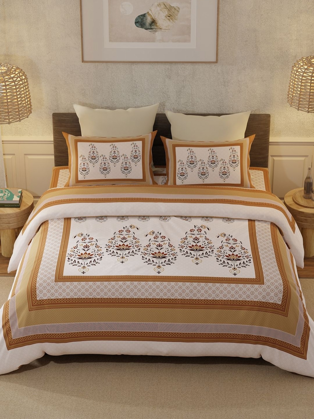 

BELLA CASA Brown & Peach-Coloured Ethnic Motifs 350 TC King Bedsheet with 2 Pillow Covers