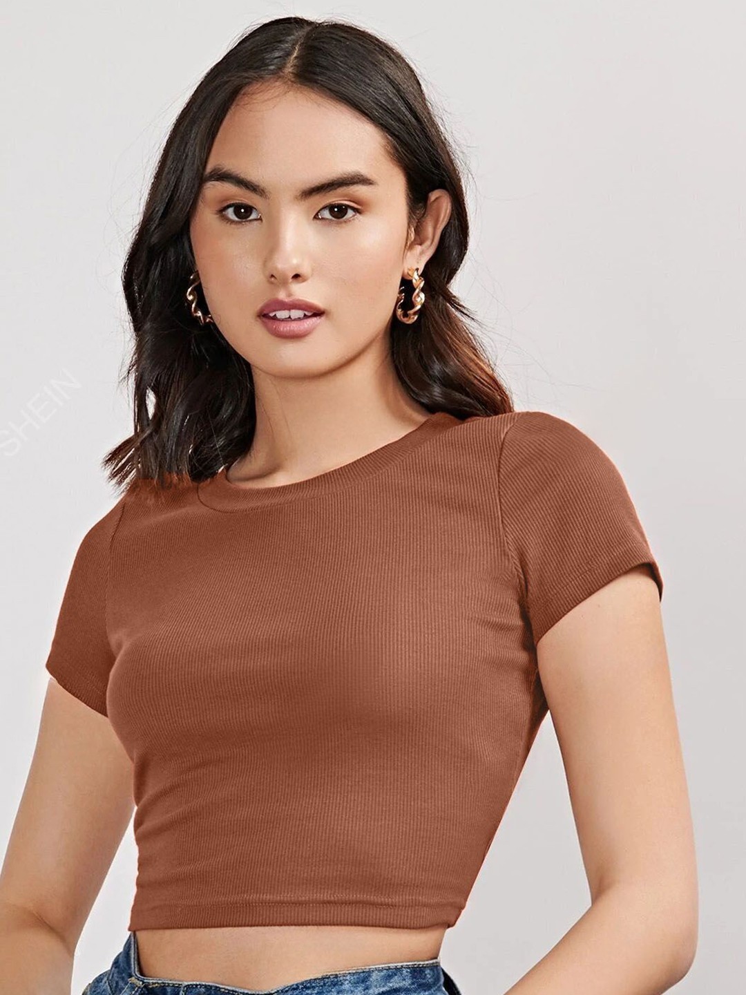 

Tivante Women Solid Knits Round Neck Cotton Top, Brown