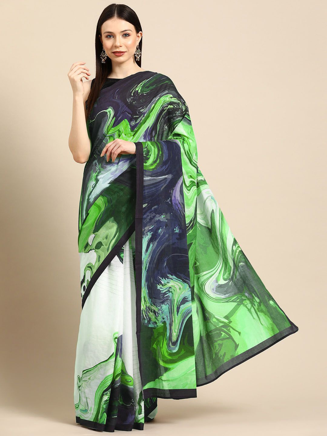 

BUTA BUTI Abstract Printed Pure Cotton Saree, Green