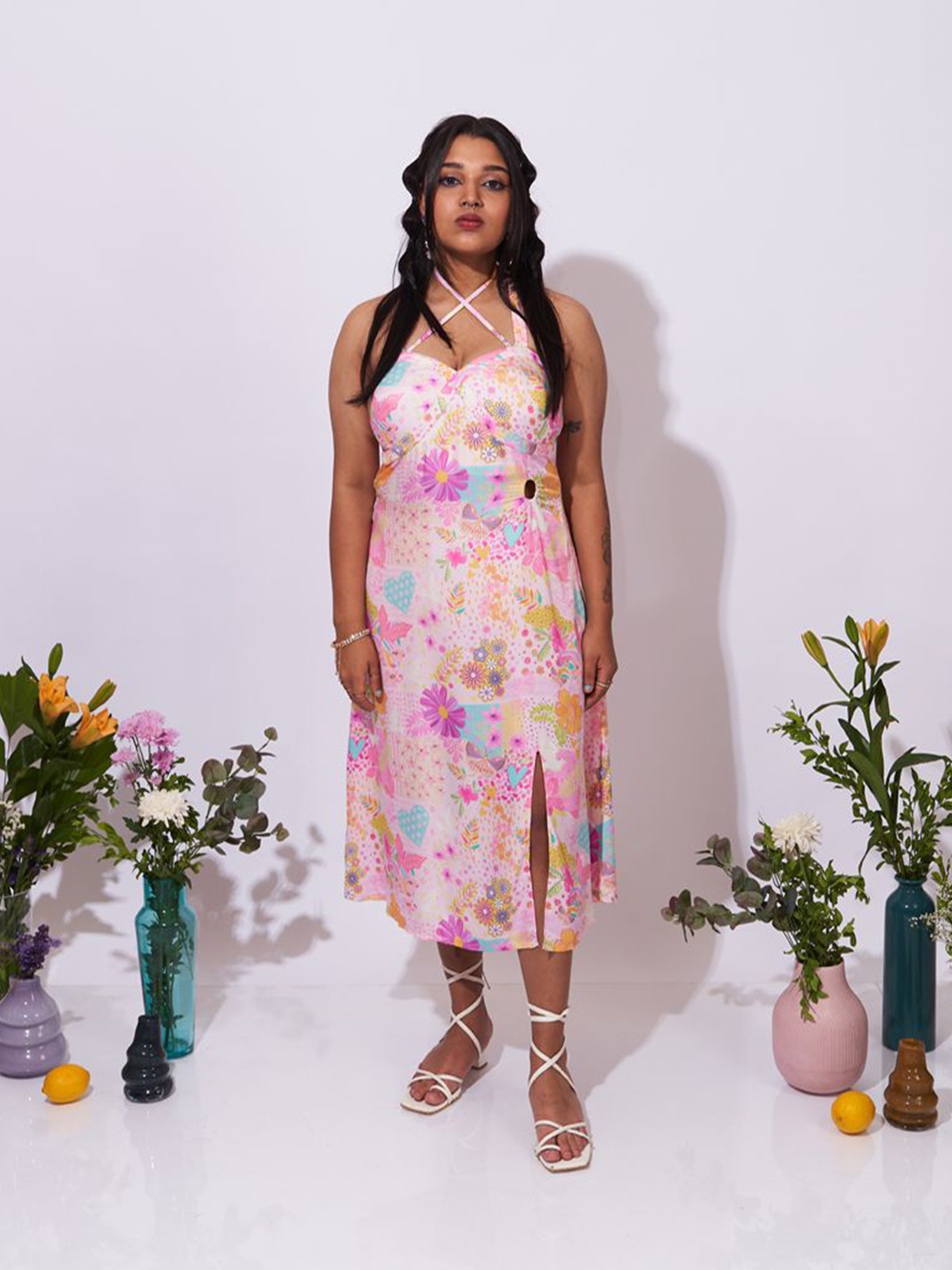 

Ur.Mish Women Floral Printed Satin A-Line Dress, Pink
