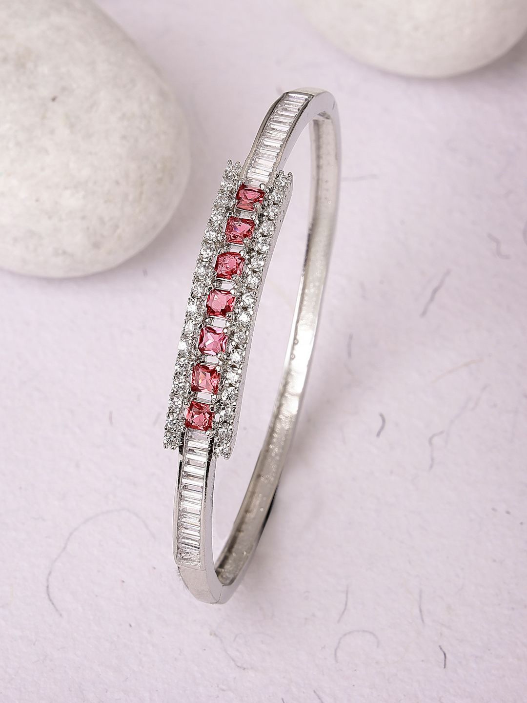 

ZENEME Rhodium-Plated American Diamond Studded Bangle-Style Bracelet, Silver