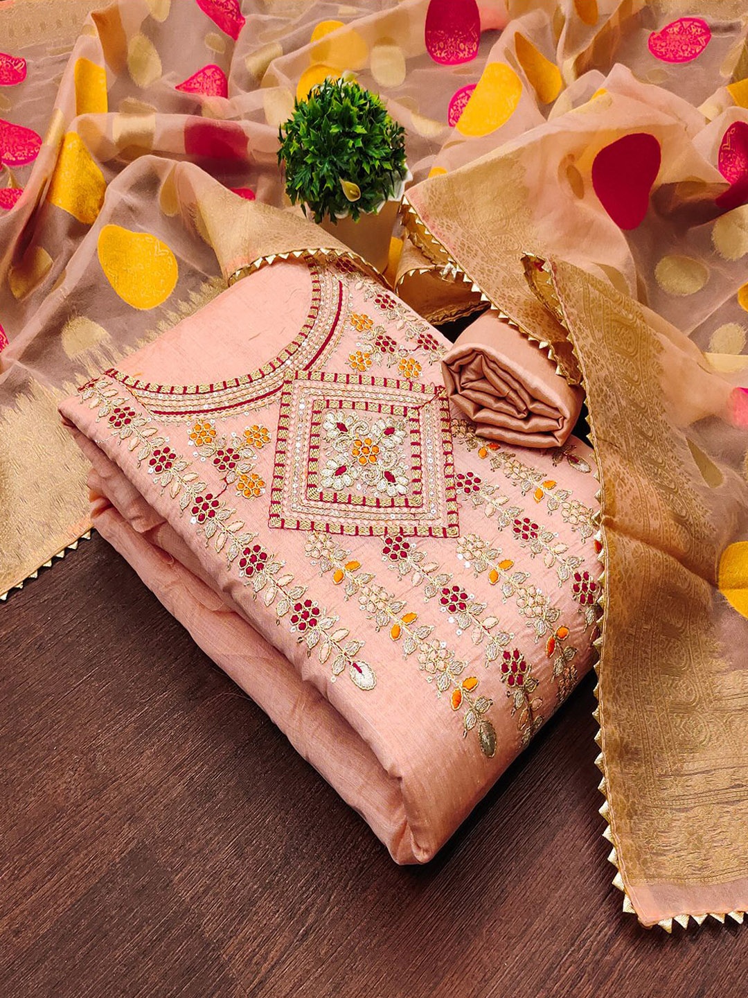 

Lilots Embroidered Unstitched Dress Material, Peach