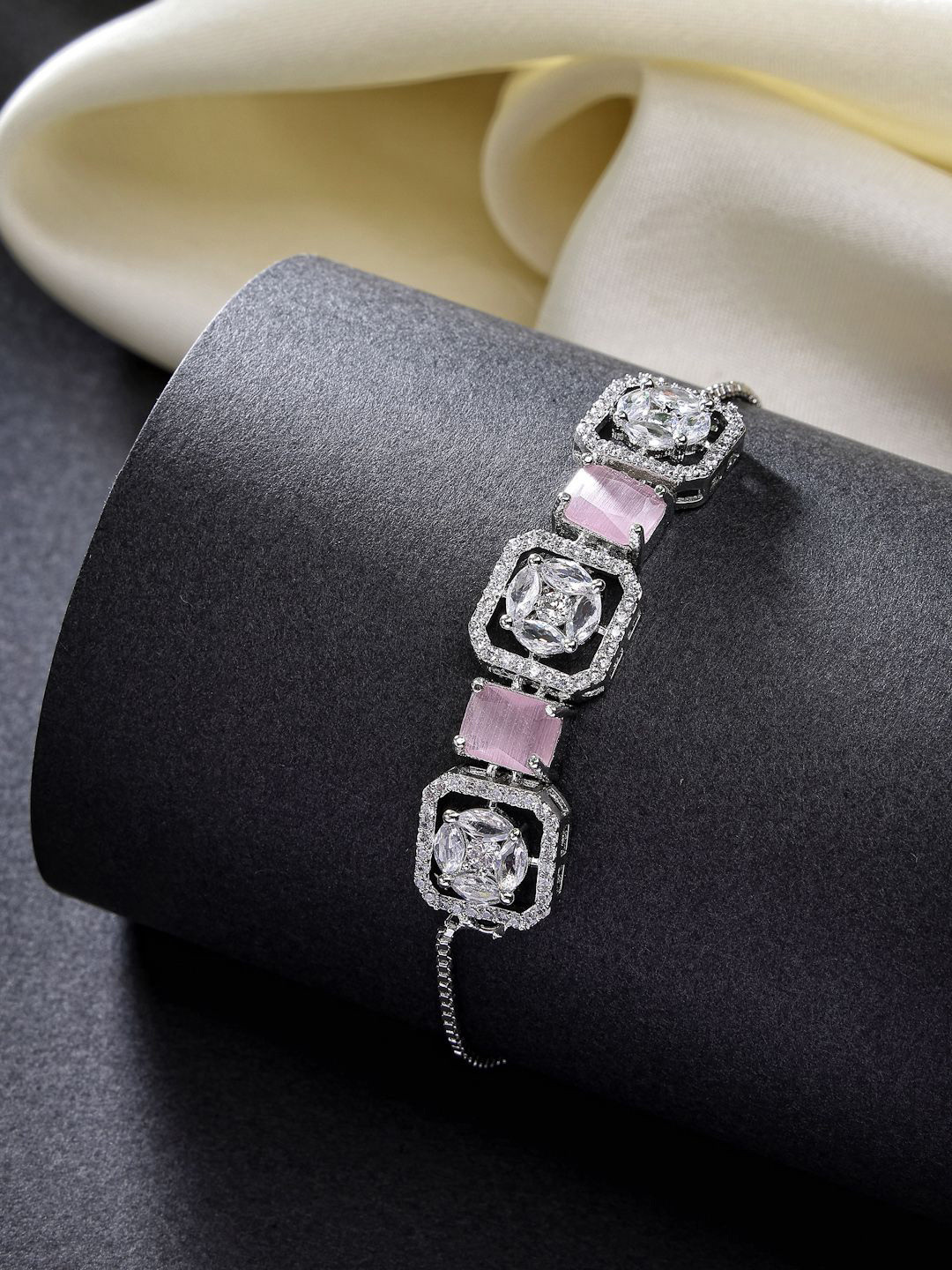 

ZENEME Rhodium-Plated American Diamond Charm Bracelet, Pink