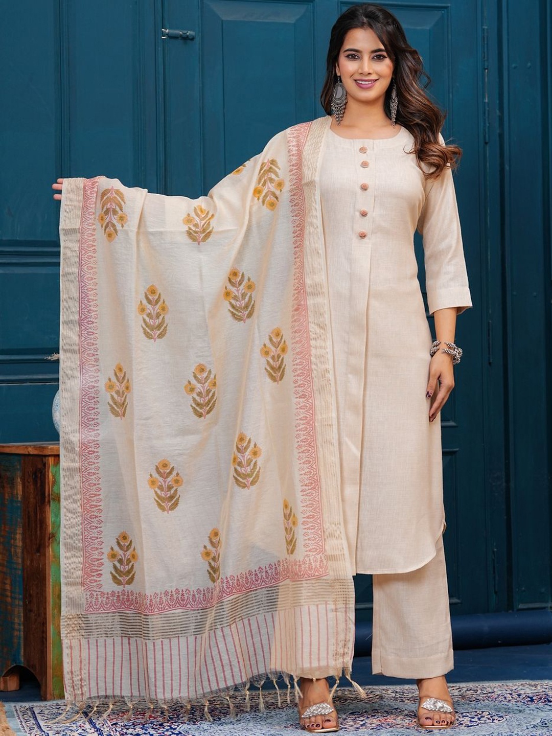 

KALINI Women Yoke Design Regular Linen Kurta with Trousers & With Dupatta, Pink