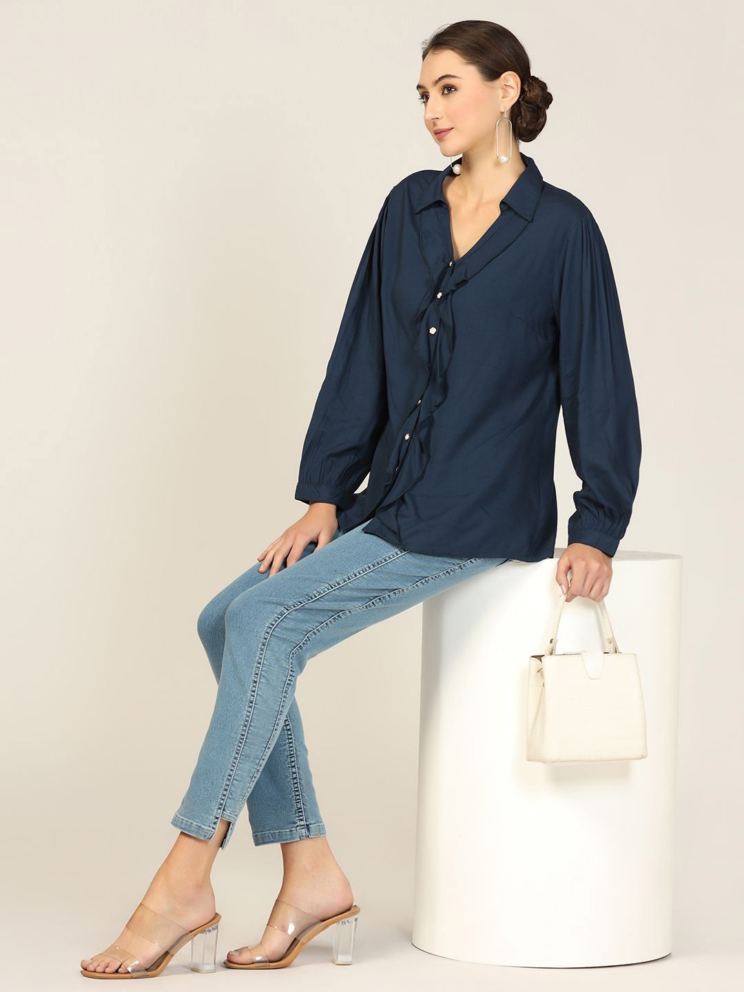 

Mustard Women Spread Collar Solid Casual Shirt, White