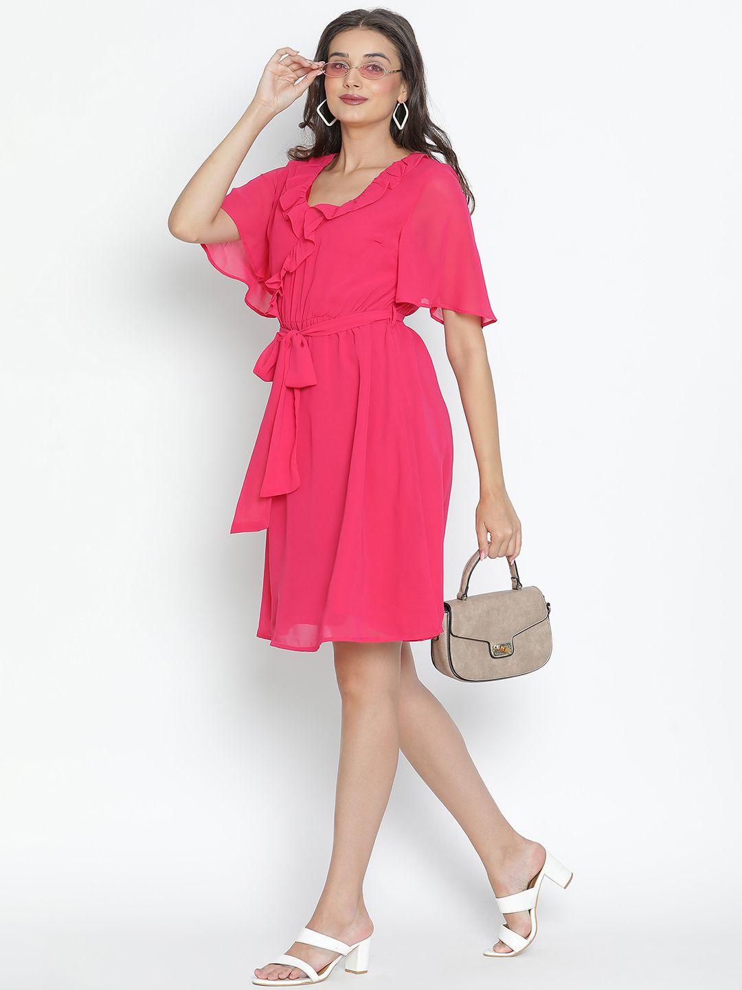 

DRAAX Fashions Round Neck Flared Sleeve Fit & Flare Dress, Pink