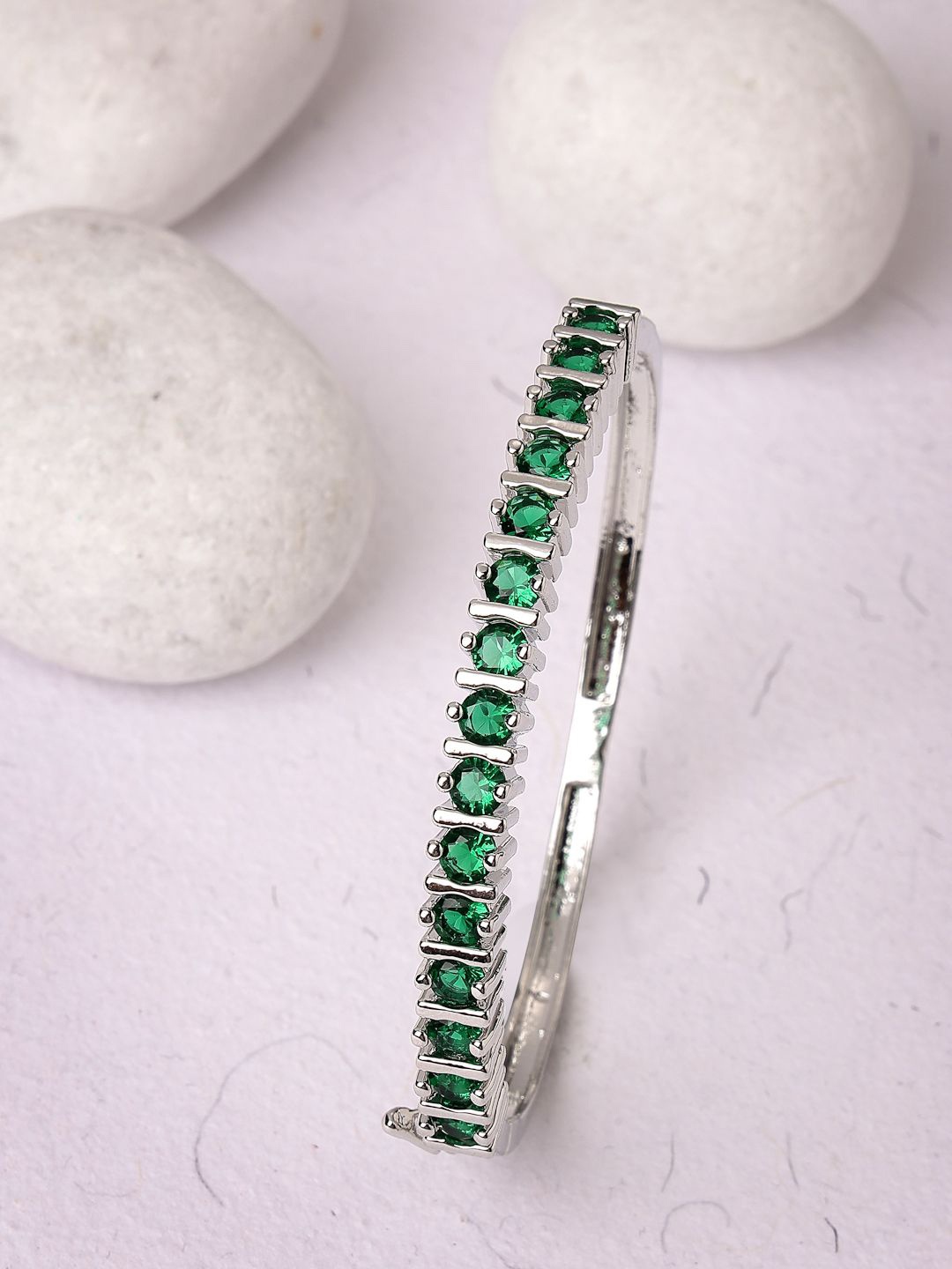 

ZENEME Rhodium-Plated American Diamond Kada Bracelet, Silver
