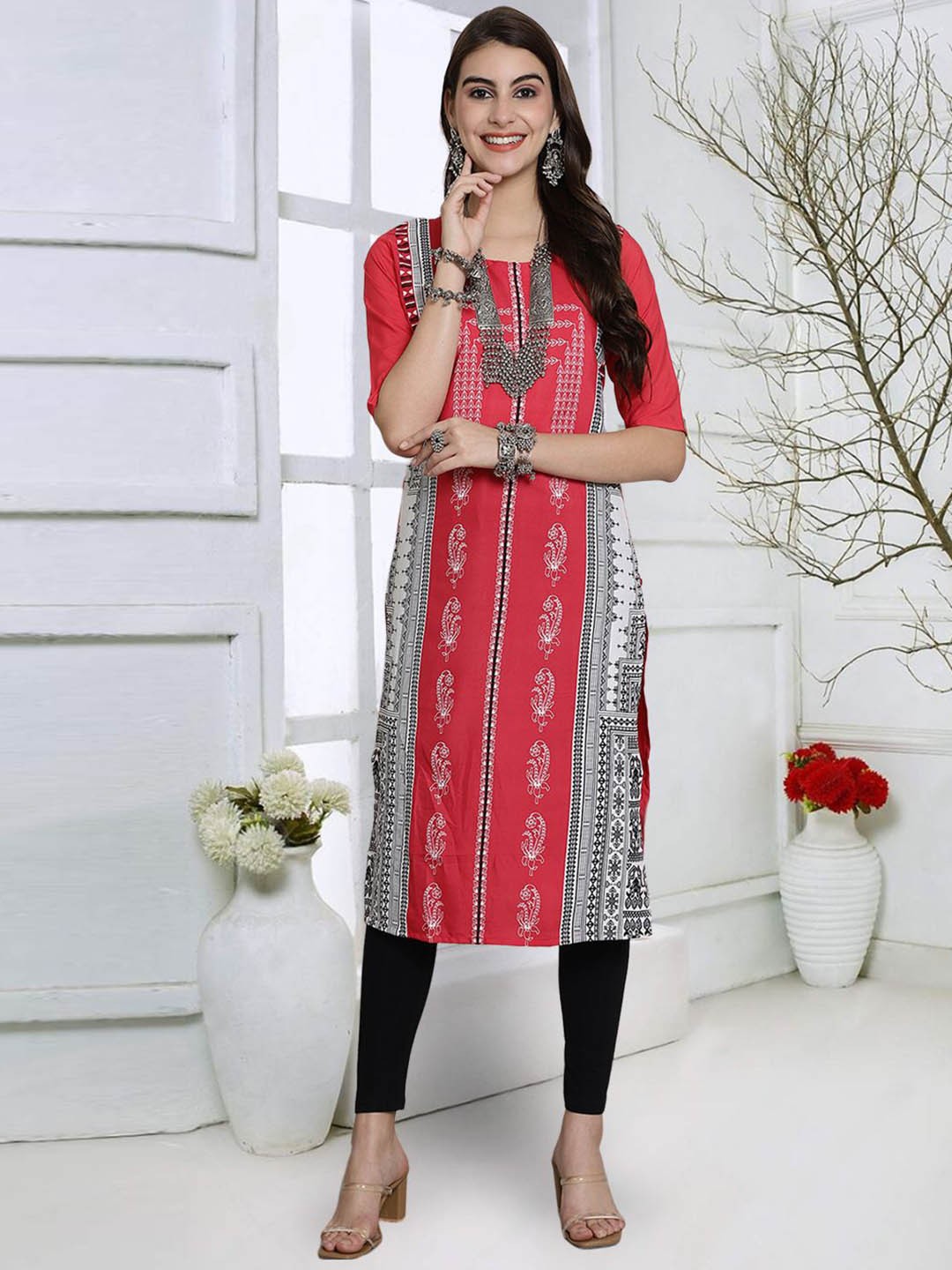 

7Threads Ethnic Motifs Printed Round Neck Crepe Straight Kurta, Red