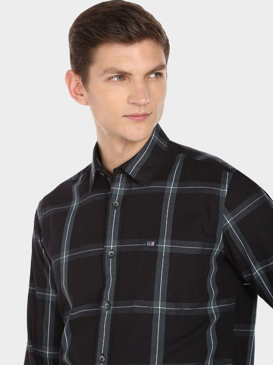 

Arrow Sport Men Spread Collar Windowpane Checked Cotton Casual Shirt, Black