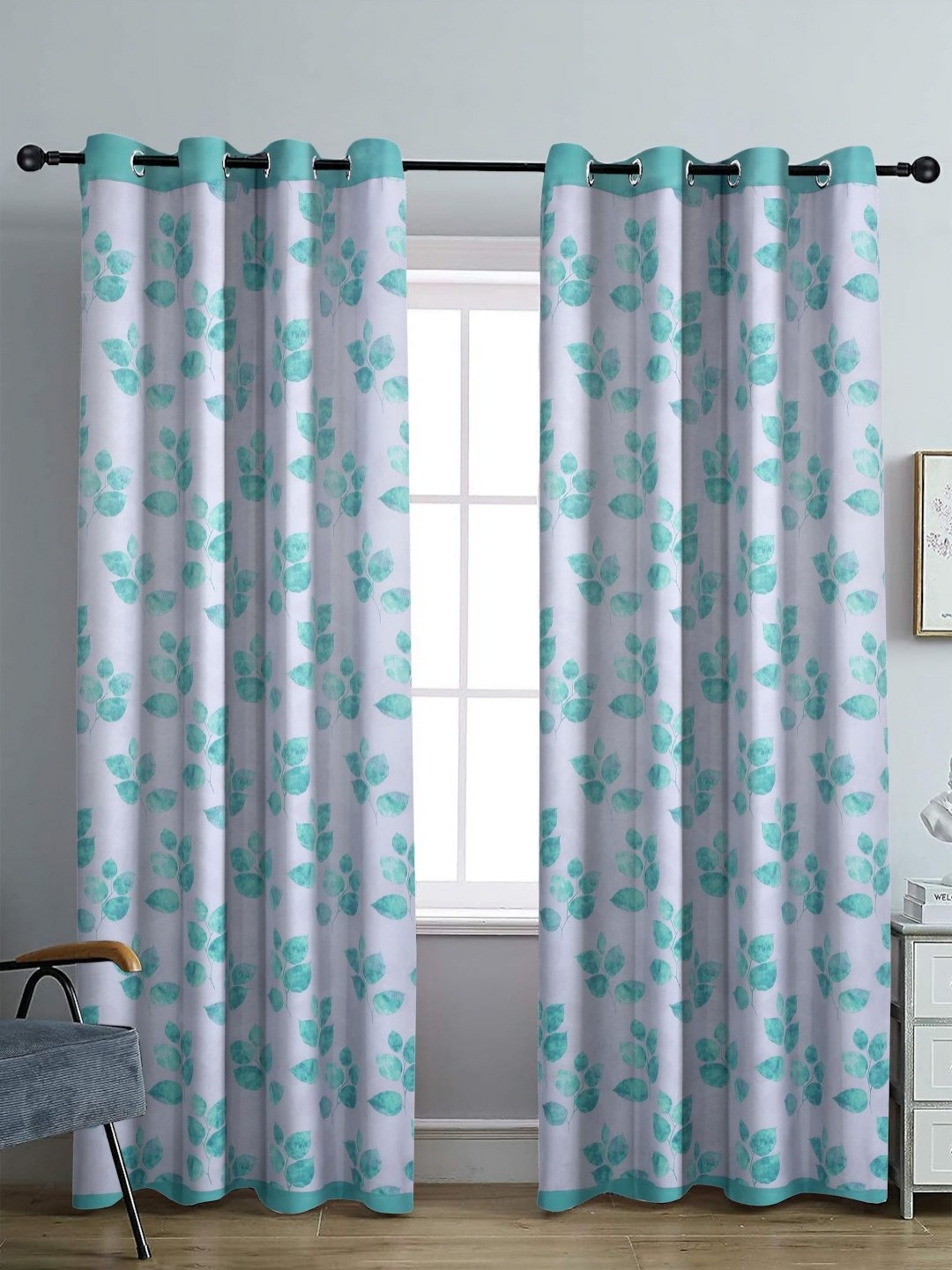 

Aura White & Blue Set of 2 Floral Black Out Long Door Curtain