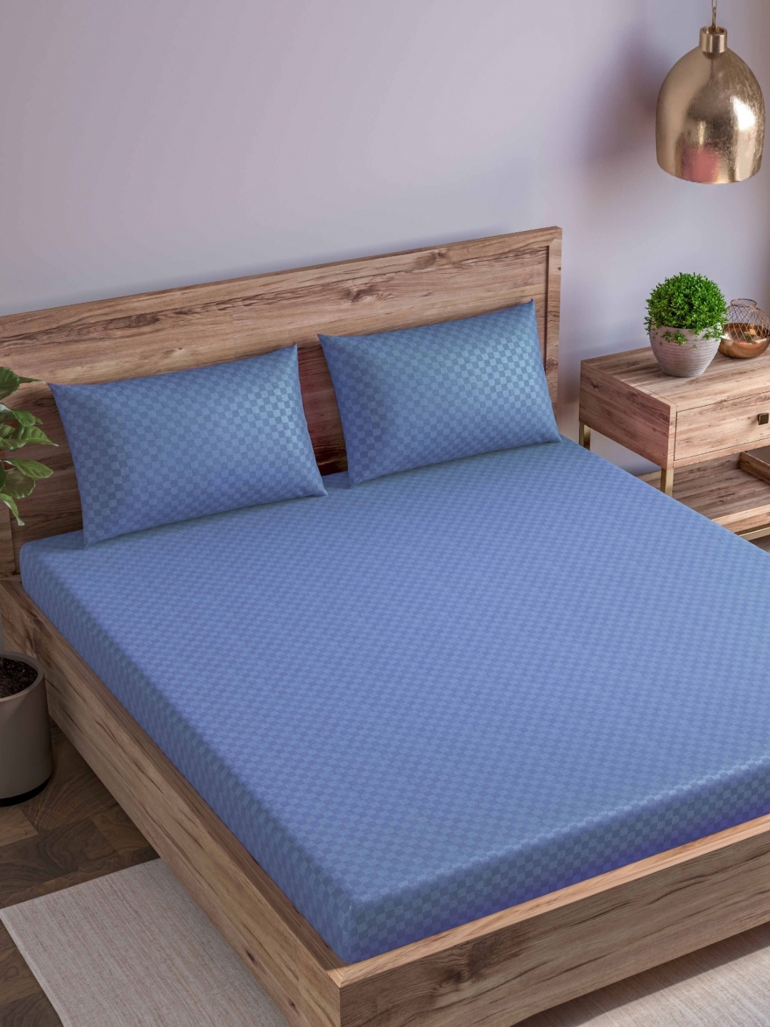 

Trance Home Linen Blue Checks 300 TC Single Fitted Bedsheet with 2 Pillow Covers